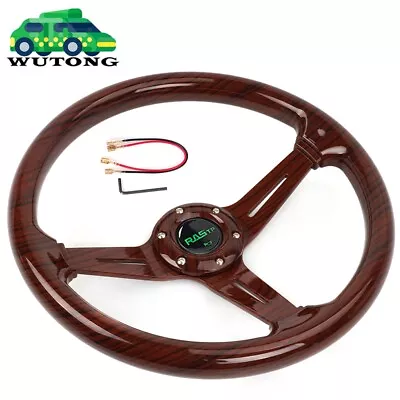 14INCH Universal Racing Steering Wheel Dark Wood Grain Drifting Deep Dish 6 Bolt • $48.99