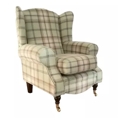 Wing Back Fireside Queen Anne  Chair Balmoral Sage Tartan Fabric Dark Wood Legs • £479