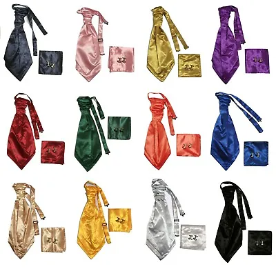 Adult Mens Satin Wedding Ruche Cravat Tie + Handkerchief Hanky +cuff Links Set • £7.99