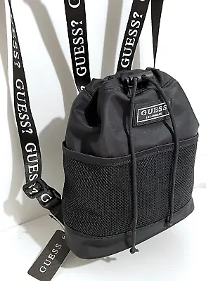 GUESS LOGO BACKPACK DRAWSTRING BAG HANDBAG Black Nylon • AUTHENTIC New BNWT • $64.95