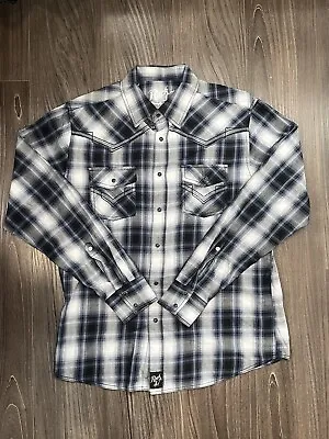 ROCK 47 By Wrangler Mens Plaid Western Shirt Size Large. White Blue And Black • $15