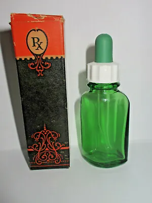 Antique Green Glass Medicine Bottle W/ Glass Dropper Pharmacy Nos Orange Box RB • $18.99