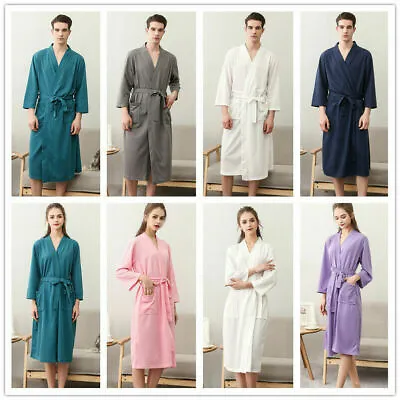 Unisex Waffle Cotton Sleepwear Bathrobe Kimono Nightgown Bath Robe Dressing Gown • £26.54