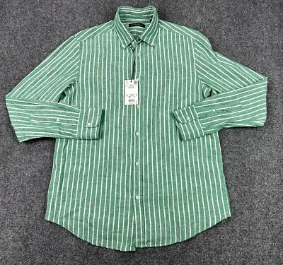 Piombo Men’s Linen Cotton Button Down Shirt Medium Striped Green White Preppy • $29.94
