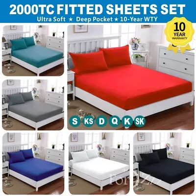 $17.93 • Buy 2000TC Soft 3 Pieces Fitted Pillowcase Sheet Set King Single/D/Queen/King Bed