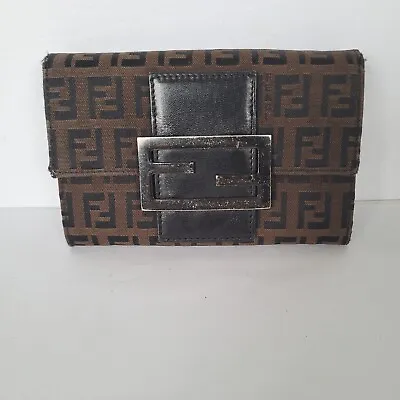 Fendi Vintage Zucca Wallet Canvas Leather Wallet Brown Purse Bifold Medium Logo • $90