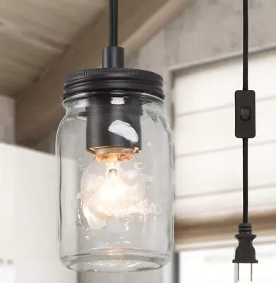 Oil-Rubbed Brown Farmhouse Plug-in Pendant Light With Mason Jar Glass Shade • $38.99