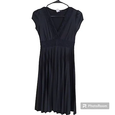 Soprano V-Neck Lace Trim Accordian Pleat Empire Waist Fit Flare Black Dress Y2K • $30