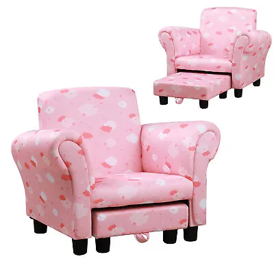 HOMCOM Cute Cloud Star Child Armchair Seat Wood Frame W/ Footrest Padding Pink • £59.99
