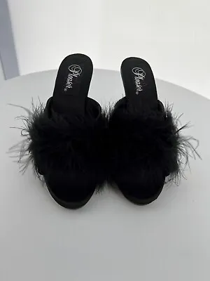 Pleaser USA Romance-04 Black Satin With Marabou Fur Trim Mule IN-STOCK • £21.25