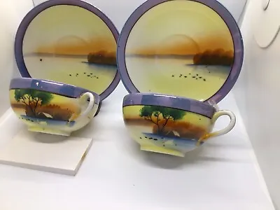 Set Of 2 Vintage Hand Painted Eggshell Porcelain Tea Cup & Saucer Sets ~ JAPAN • $5