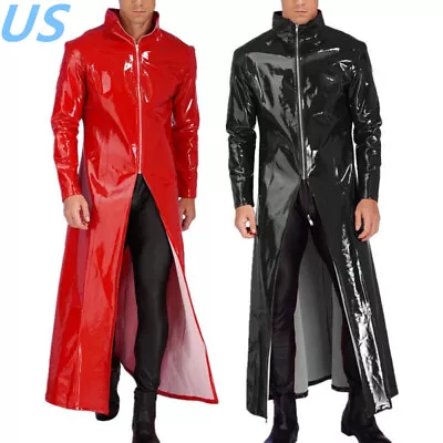 US Mens Faux Leather Cloak Overcoat Long Sleeve Jacket Trench Coat Clubwear • $46.54