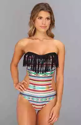 L Space Cozumel Free Love Banueau Monokini Fringe One Piece Swimsuit Black Sz 12 • $89.99