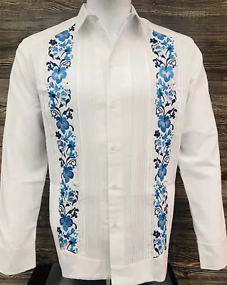 Mens Camisa Guayabera Elegant Wedding Shirt White Linen Blue Flower Embroidery • $75