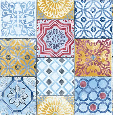 GW2011 Grace & Gardenia Red Blue & Gold Mosaic Tile Peel And Stick Wallpaper • $36.99