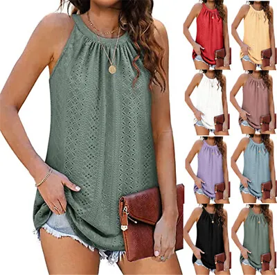 Womens Sleeveless Cami Tops Pleated Halter Neck Blouse Loose Holiday Tank Vest • £9.79