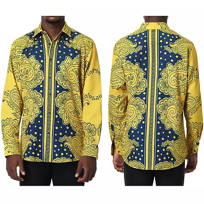 Mens PREMIERE Long Sleeve Button Down Dress Shirt BLUE GOLD PAISLEY DESIGNER 732 • $39.99