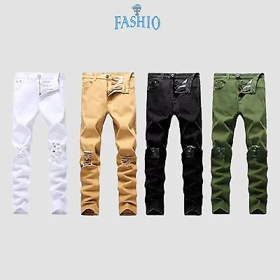 FASHIO Mens Denim Ripped Skinny Fit Stretch Slim Fit Biker Pants Destroyed Jeans • $21.84