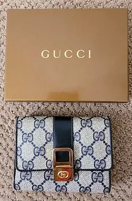 Auth Unique Vintage Gucci Monogram Tri-fold Pvc Compact Wallet Preowned Box Blue • $285