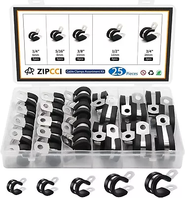 Cable Clamps Assortment Kit 25 Pack Stainless Steel Rubber Cushion Pipe Clips • $14.99