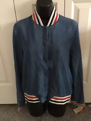 Sporty Womens Mossimo Blue Denim Varsity Style Bomber Jacket M Lyocell Retro NWT • $17.99