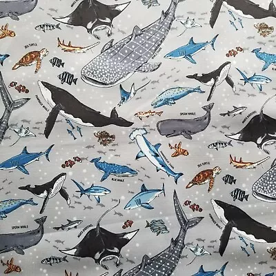 Pale Gray Light Cotton Duck Cloth - From Japan With Whales Sharks Rays & Fish • $18