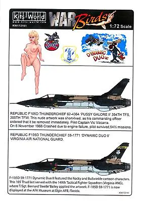 Kits World Decals 1/72 REPUBLIC F-105D THUNDERCHIEF Pussy Galore & Dynamic Duo • $12.99
