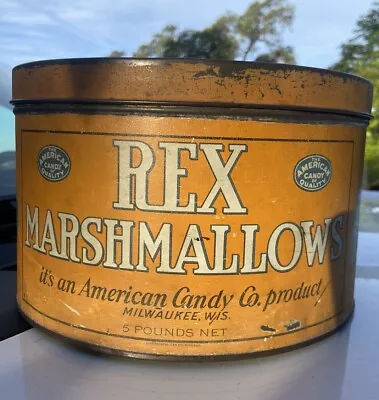 Vintage REX MARSHMALLOWS 5 LBS Tin Can Antique Milwaukee Candy Country Store Old • $275