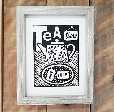 £10 • Buy Teapot Lino Print By Jilpi Art, Unframed Black & White Handmade Print. New.