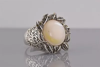 Sterling Silver Mother Of Pearl Marcasite Flower Statement Band Ring 925 Sz: 8 • $47.50