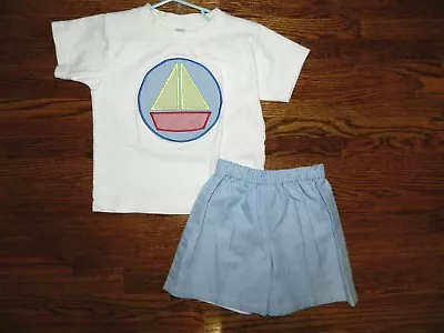 Boy's Sail Boat Shirt W/Striped Shorts Set Size 4 By Monag • $16.99