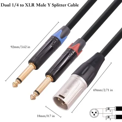 Two 1/4 Inch To XLR Male Y Splitter Cable 3Pin Male XLR To 6.35mm TS Mono • £9