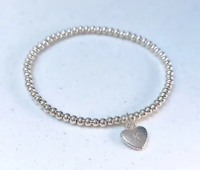 Silver Beaded Heart Personalised Initial Bracelet Charm Stretchy Letter Gift Bag • £6.09