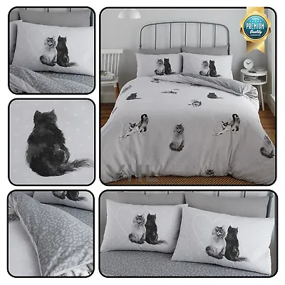 £13.99 • Buy Cat Animal Duvet Cover Set Grey Reversible Printed Super Soft Bedding All Sizes