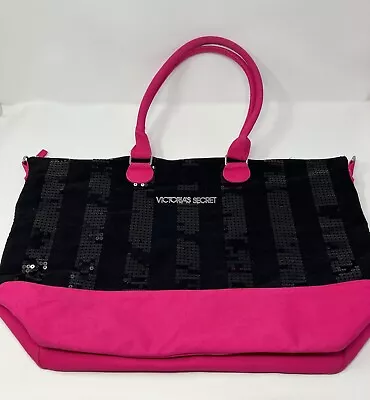 Victoria's Secret Black Pink Striped Sequin Canvas Tote Bag Weekender • $13.50