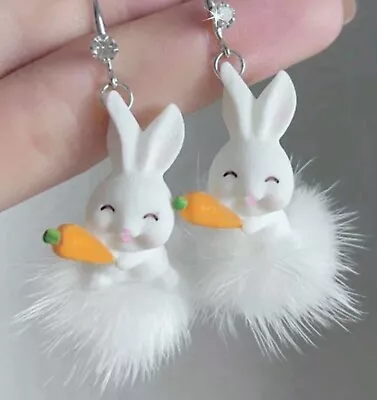 Easter Earrings Furry Fuzzy White Bunny Rabbit Carrot Rhinestone Dangle Drop • $6.99