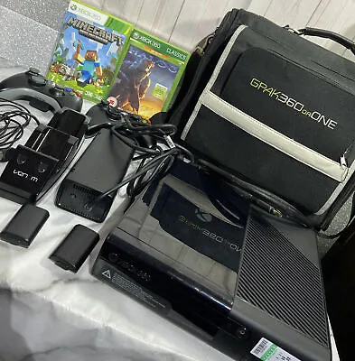 XBOX 360 E Black 460GB Hdd + 2 Controllers Travel Case HDMI Dock Station 2 Games • £149.99