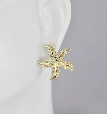 Gold Tone Starfish Sea Life Star Fish Post Stud Textured Earrings 11/16  Wide • $11.01