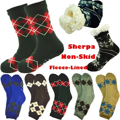 Mens Cozy Fuzzy Thick Sherpa Fleece Lined Grid Knit Non-Skid Slipper Socks LOT • $8.99