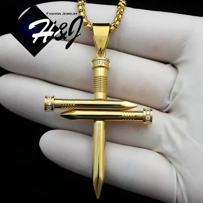 24 MEN Stainless Steel 3mm Gold Plated Box Chain 3D CZ Nail Cross Pendant*GP104 • $24.99