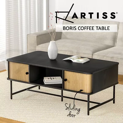 Artiss Coffee Table Storage Drawers Sliding Door Display Shelf Metal Legs Black • $114.95