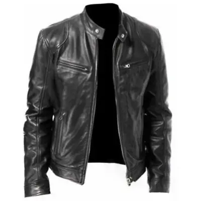 Men's Biker Jacket Motorcycle Zip Up Tops Coats Collar Outwear Leather Plus Size • $38.21