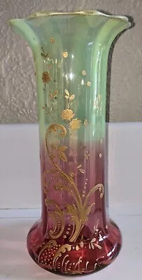 Antique Victorian RUBINA VERDE Vaseline Enameled 10  GLASS VASE Legras Mont Joye • $249.95