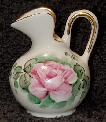 White Miniature Pitcher Gold Trim Hand Painted Pink Rose & Leaves By WEISLEY? • $5