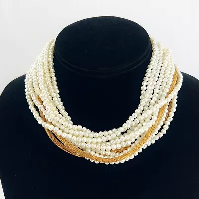 Vintage Multi Strand Faux Pearl Choker Necklace Gold Tone Mesh Chain **READ** • $24