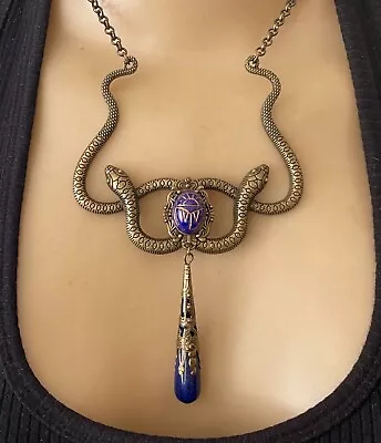 Double Snake Necklace Wide Serpent Bib Pendant Egyptian Scarab W/ Lapis Drop • £26.03