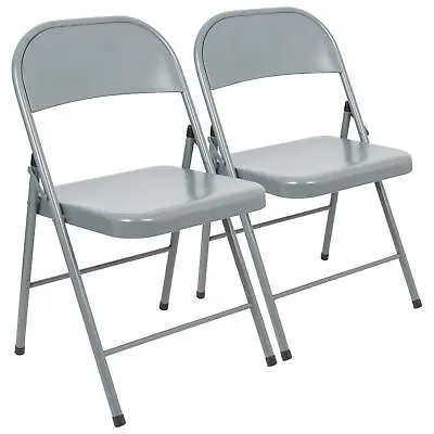 2x Matt Grey Metal Folding Chairs Space-Saving Foldable Office Dining Chair • £33