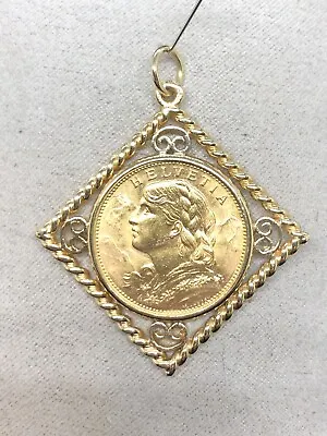 $825 • Buy 1915 B Helvetia 20 Francs Swiss Framed Pendant 14k Yellow Gold 11.3grams