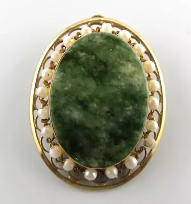 Vintage Signed CARLA Nephrite Jade & Seed Pearl Brooch Pin 12K Gold Filled • $33.99