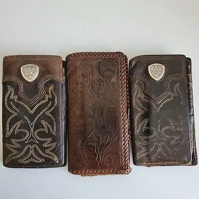 Lot Of 3 Rodeo Wallets 2 ARIAT Men's Oak Embossed 1 Hooey Leather Cowboy Wallet • $31.59